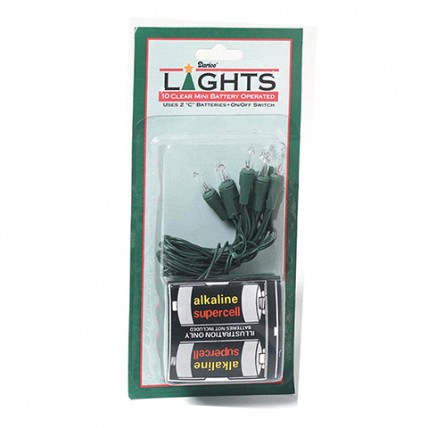  10 Clear Mini Lights On Green Wire With Battery Pack